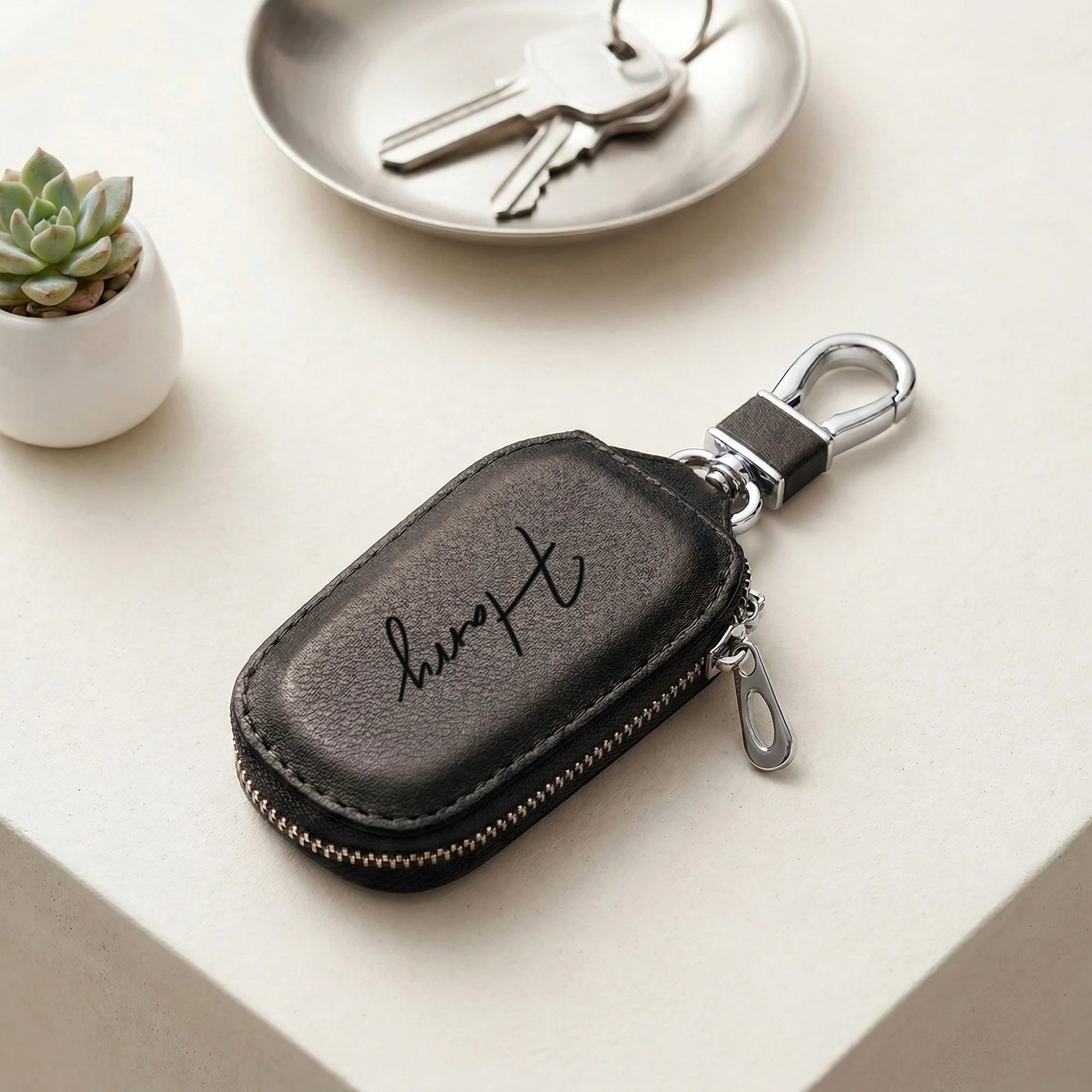 Estuche para Llaves Personalizado con Cremallera, Grabado Láser, Nombre Personalizado, Funda Creativa para Llavero con Cremallera, Cuero Sintético PU Resistente, Regalos