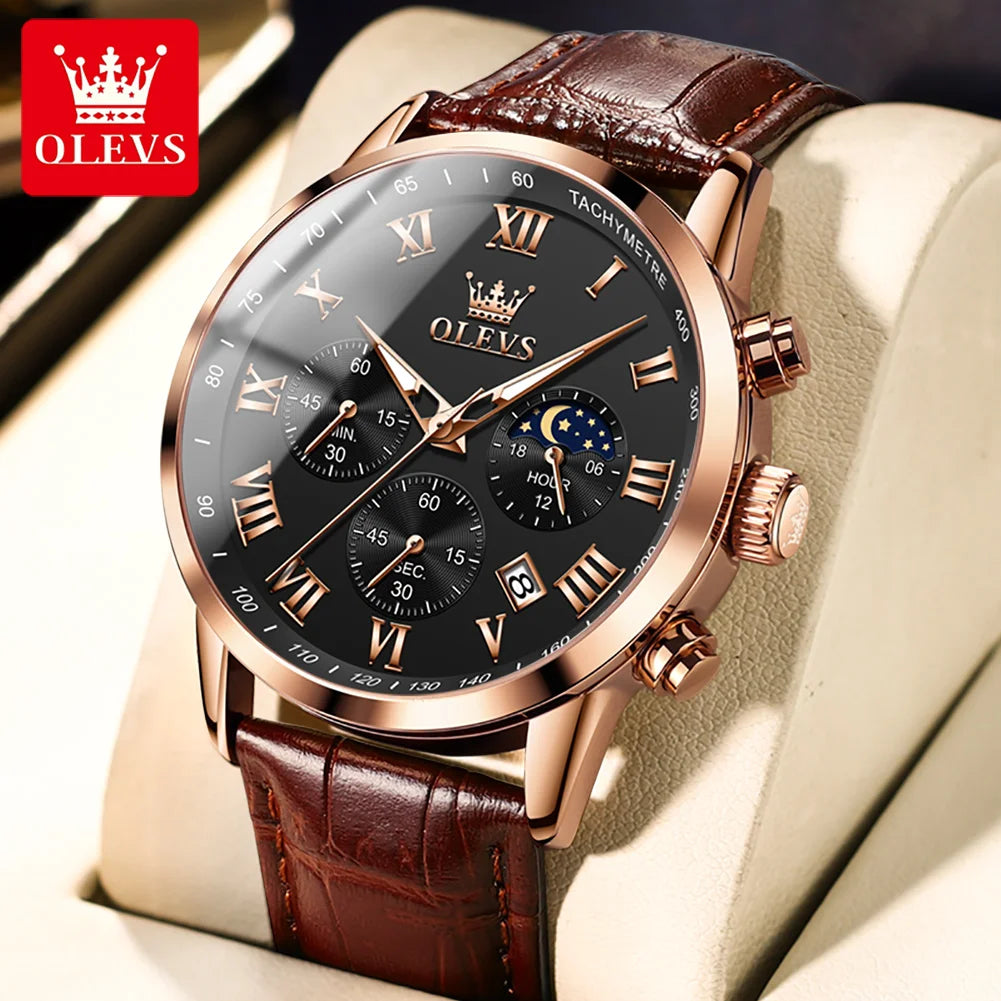 OLEVS-reloj de cuarzo deportivo para hombre, cronógrafo de lujo, resistente al agua, con correa de cuero, fase lunar, Masculino