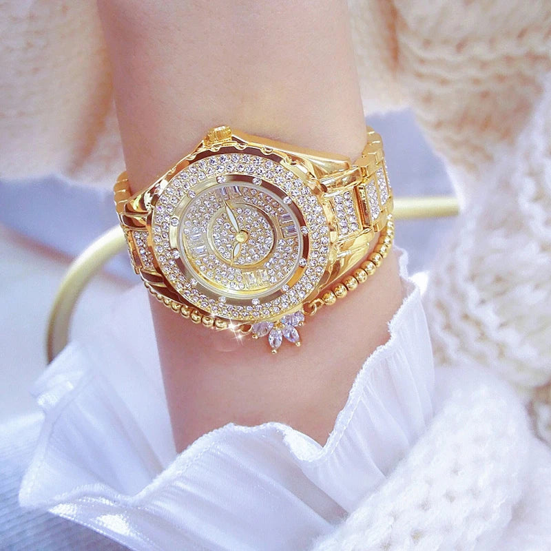 2025 relojes de diamantes de cristal para mujer, reloj elegante Original de oro para mujer con conjunto de pulsera, regalo de oro rosa para novia y esposa