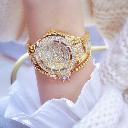 2025 relojes de diamantes de cristal para mujer, reloj elegante Original de oro para mujer con conjunto de pulsera, regalo de oro rosa para novia y esposa