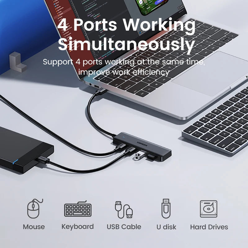 Hub USB 3.0 UGREEN 4 Puertos – 5Gbps, USB-C, Compatible con Mac, PC, Xbox, PS5