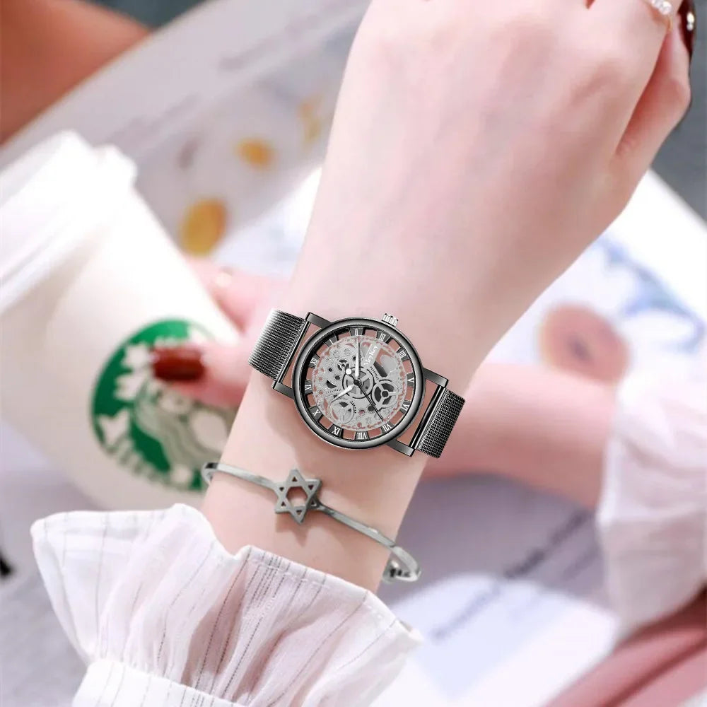 Top de moda para mujer, reloj mecánico de imitación con esqueleto hueco, relojes de pulsera de cuarzo de malla metálica para mujer, reloj femenino
