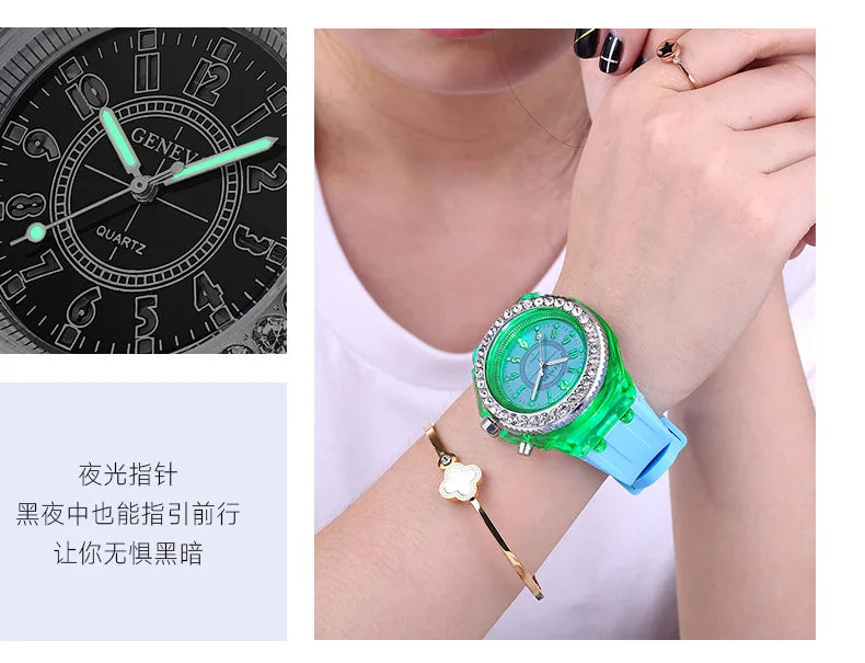 Relojes luminosos con destellos de luz LED para mujeres, hombres, niños y niñas, reloj de pulsera de silicona, reloj de diamantes de imitación a la moda, reloj para niños, reloj Saati