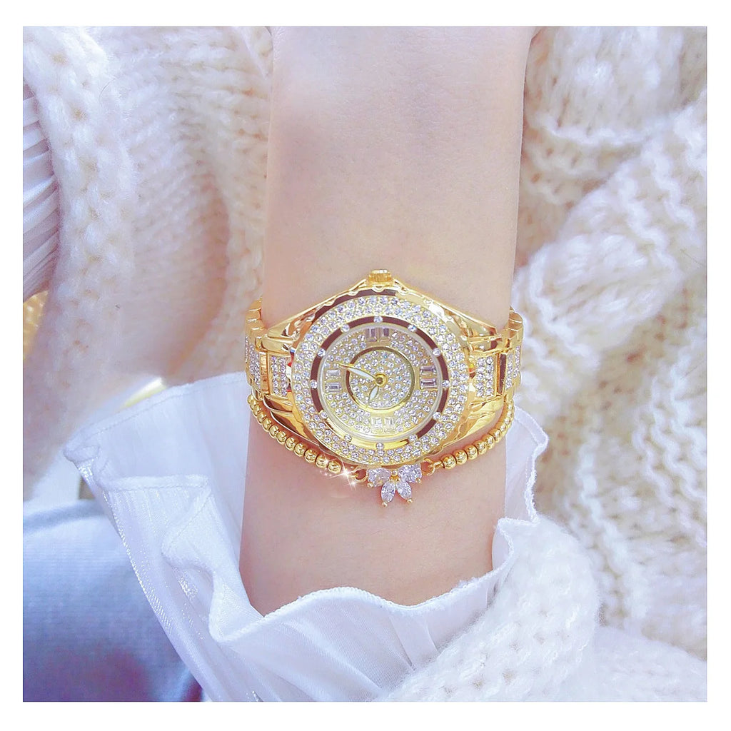 2025 relojes de diamantes de cristal para mujer, reloj elegante Original de oro para mujer con conjunto de pulsera, regalo de oro rosa para novia y esposa