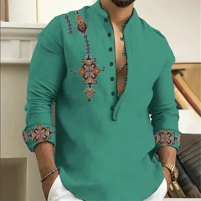 2025 Men's Shirt 15 Colors Tribe Pattern Printing Retro Geometry Leads Outdoor Street Long Sleeve Shirt Super Large Size S-5XL