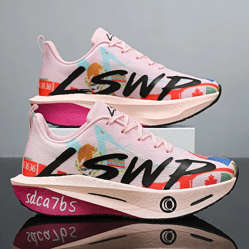 Lightweight and Breathable Unisex Running Shoes - Full Carbon Plate Technology, white/blue/orange color combination, low-cut mesh design, suitable for marathon, sprint, and u