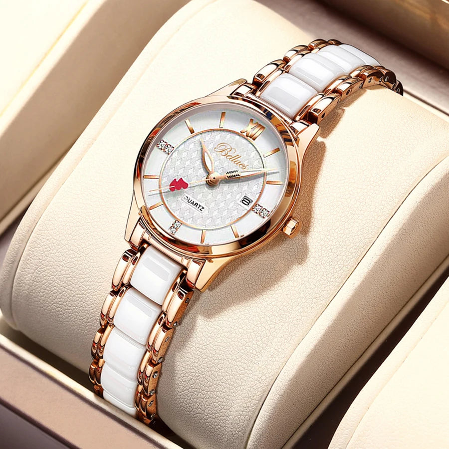 Reloj de mujer de moda con puntero de corazón redondo de acero inoxidable reloj de cuarzo resistente al agua regalo