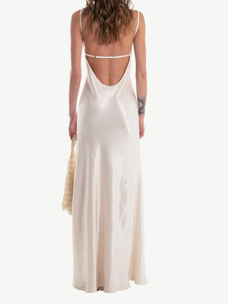 Vestido largo elegante de encaje con retazos para mujer, vestido Sexy con cuello en V sin mangas y espalda descubierta de satén, vestido largo ajustado, vestidos de fiesta de noche para mujer 2025
