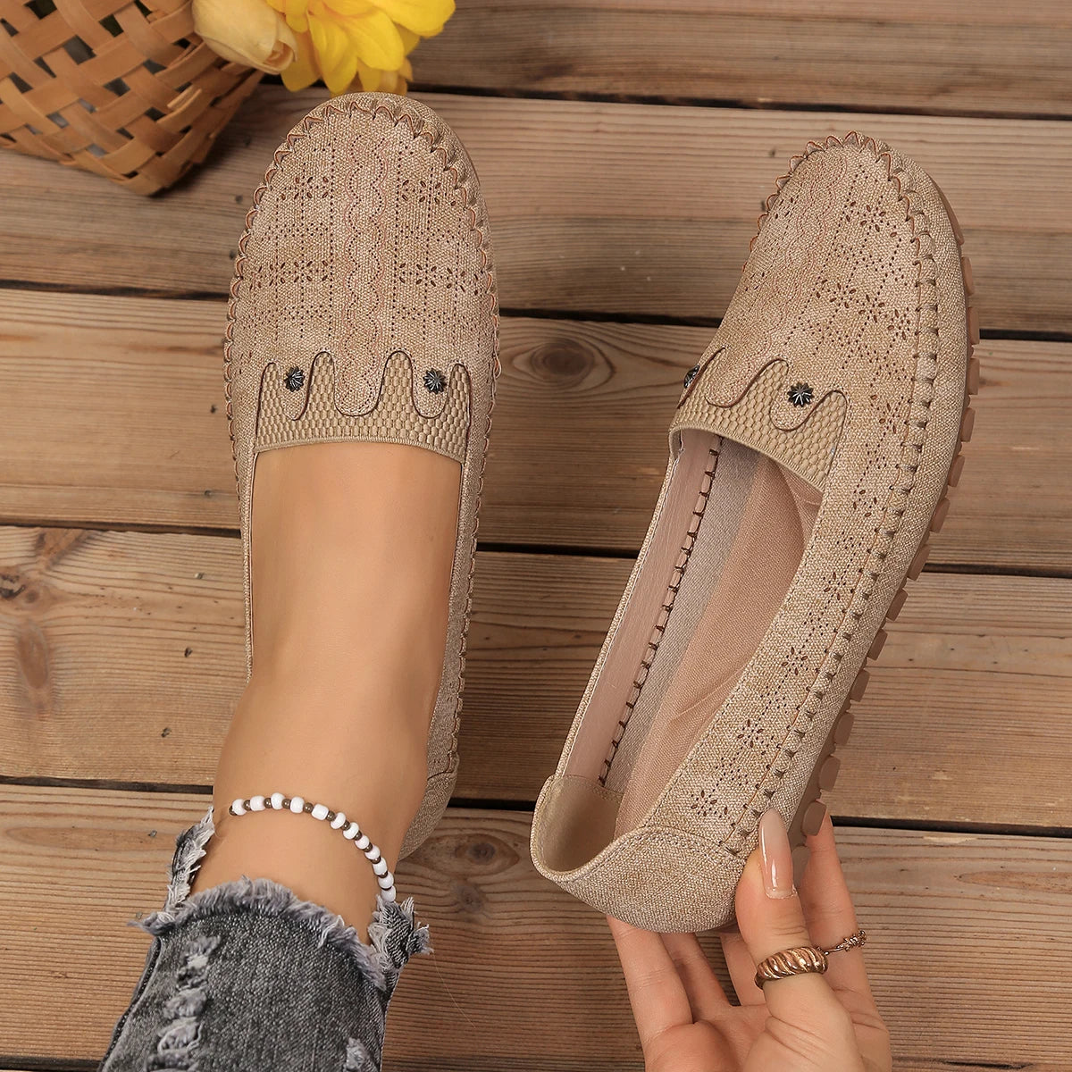 Goreyodoly, mocasines para mujer, diseño floral hueco, zapatos planos sin cordones, transpirables, ligeros, informales, para caminar, suaves y antideslizantes