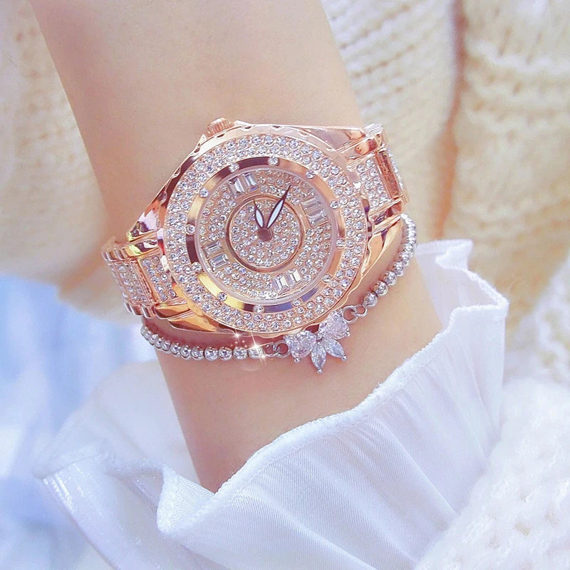 2025 relojes de diamantes de cristal para mujer, reloj elegante Original de oro para mujer con conjunto de pulsera, regalo de oro rosa para novia y esposa