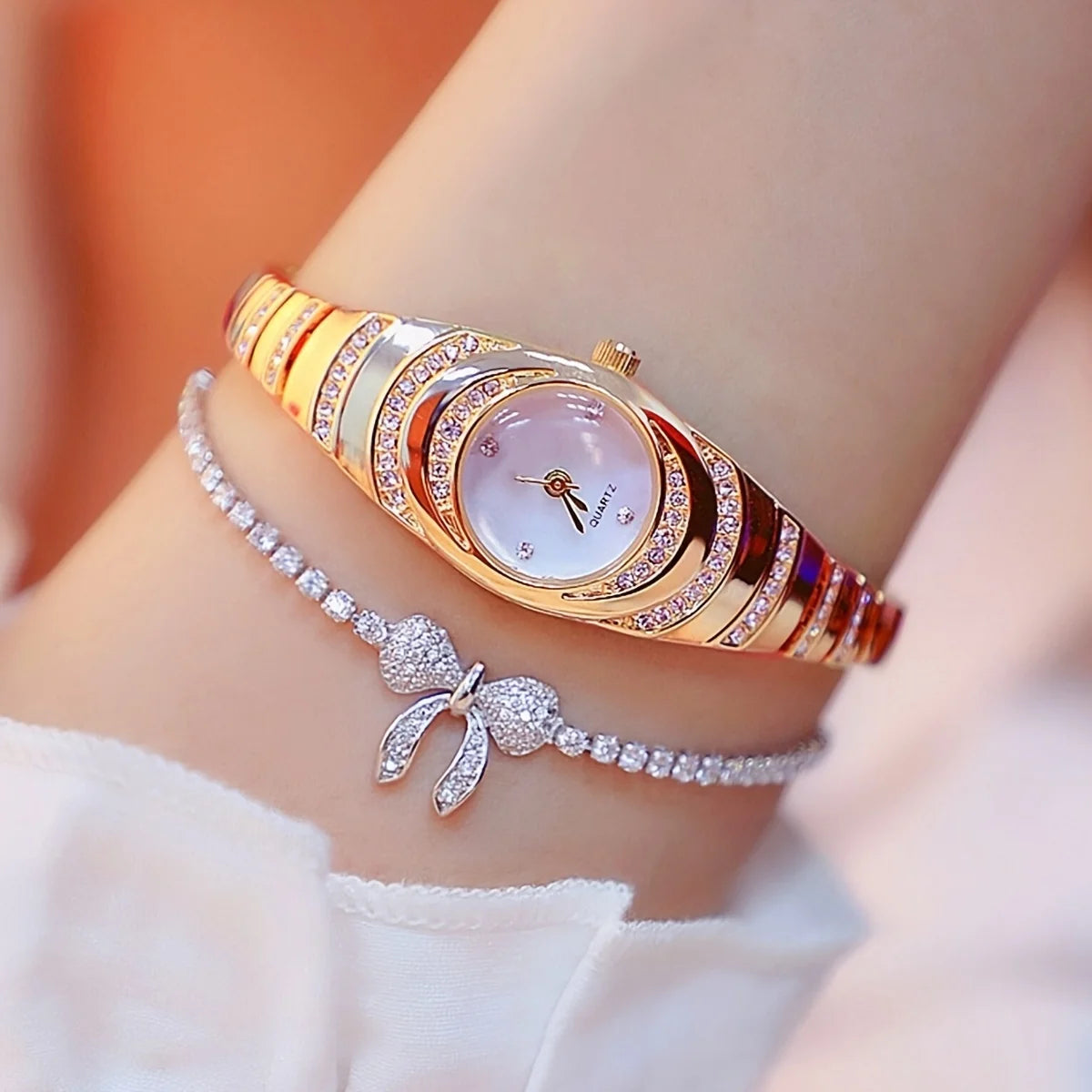 2 uds nuevo reloj de mujer simple con diamantes de imitación esfera redonda conjunto de reloj de cuarzo de aleación