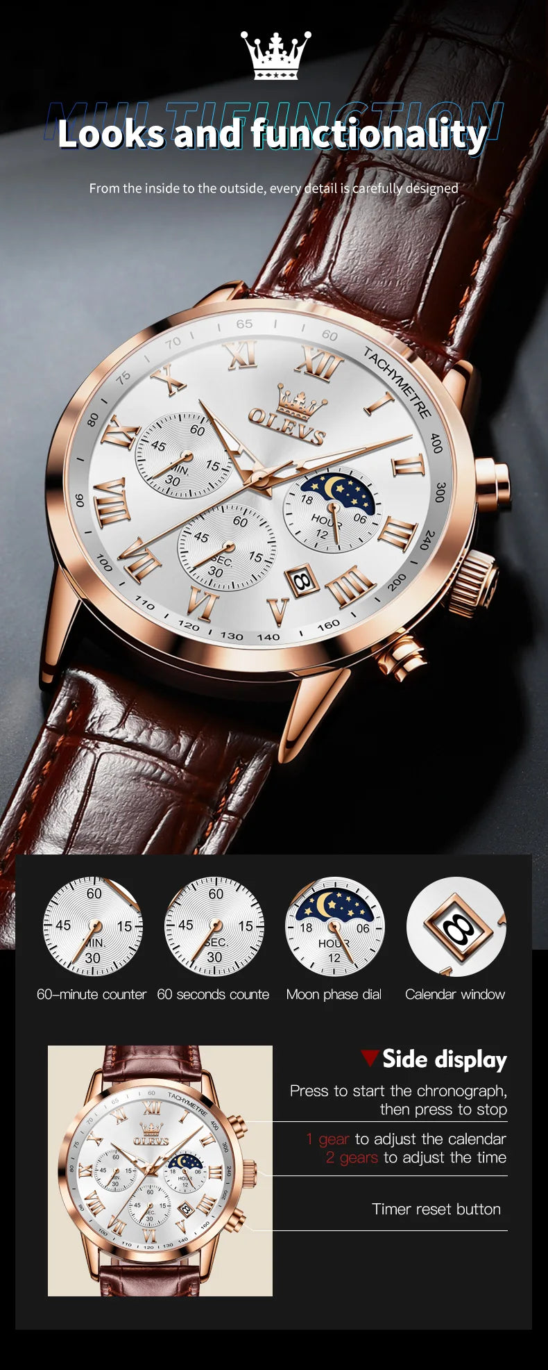 OLEVS-reloj de cuarzo deportivo para hombre, cronógrafo de lujo, resistente al agua, con correa de cuero, fase lunar, Masculino