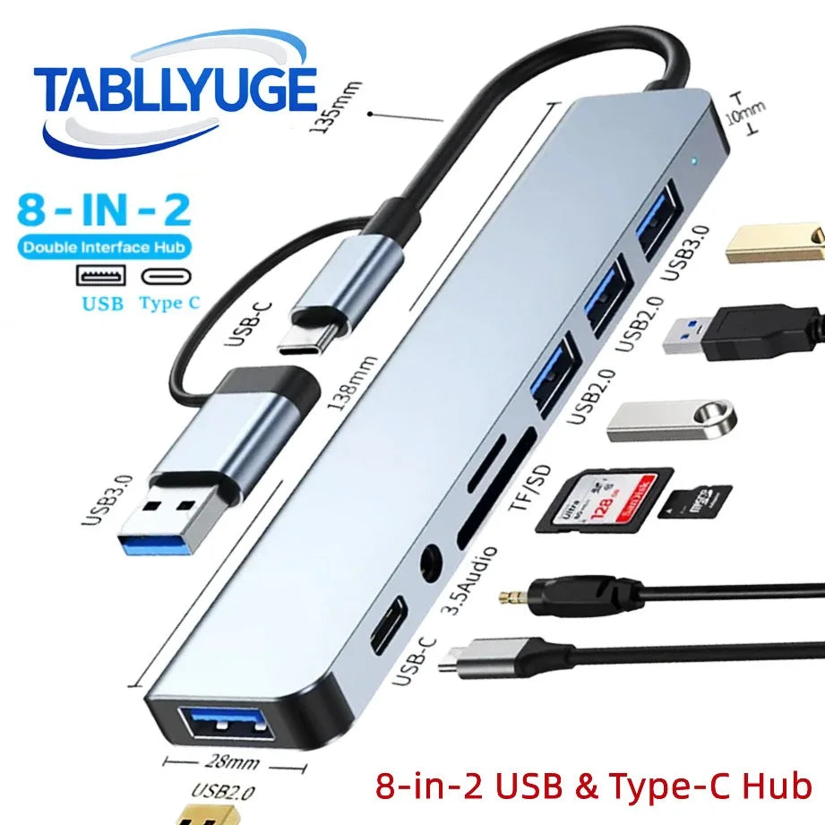 8-in-2 USB-C Hub – USB 3.0, SD/TF Card Reader & 3.5mm Audio for MacBook & Laptop