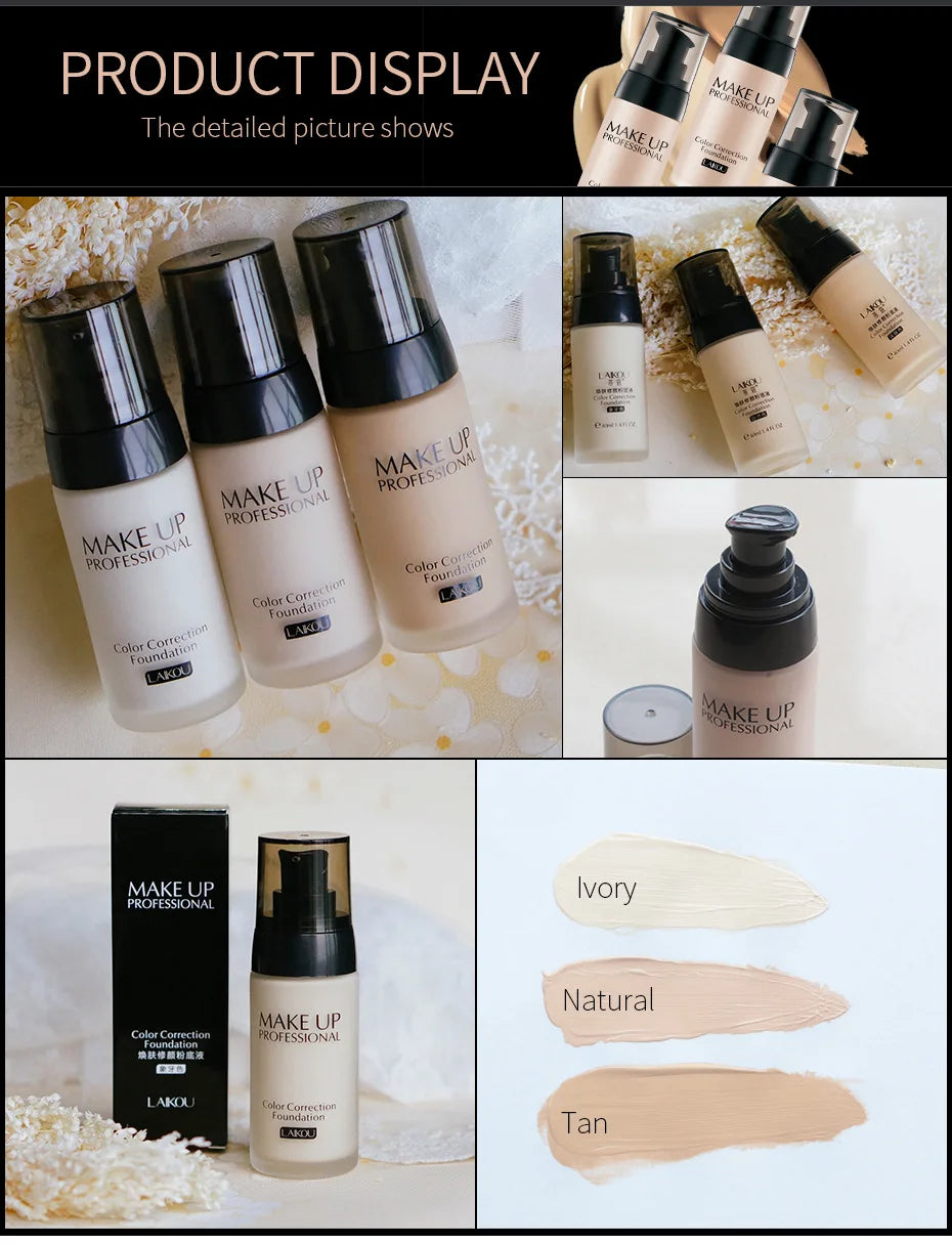 LAIKOU Base de maquillaje Base líquida facial crema BB corrector hidratante control de aceite blanqueamiento maquillaje Maquiagem resistente al agua 40g