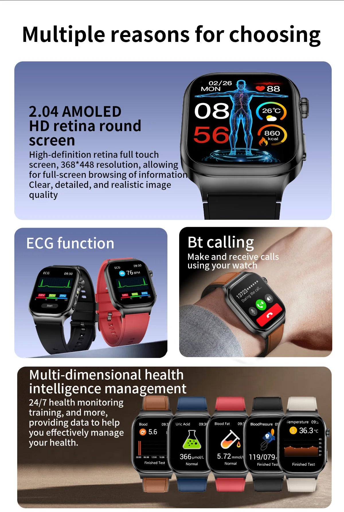 Nuevo Reloj Inteligente de Salud Nivel Hospitalario 2026 con Medición de Grasa Corporal, ECG, Oxígeno en Sangre, Presión Arterial, Pantalla AMOLED HD, Llamadas y Funciones Deportivas para Hombre