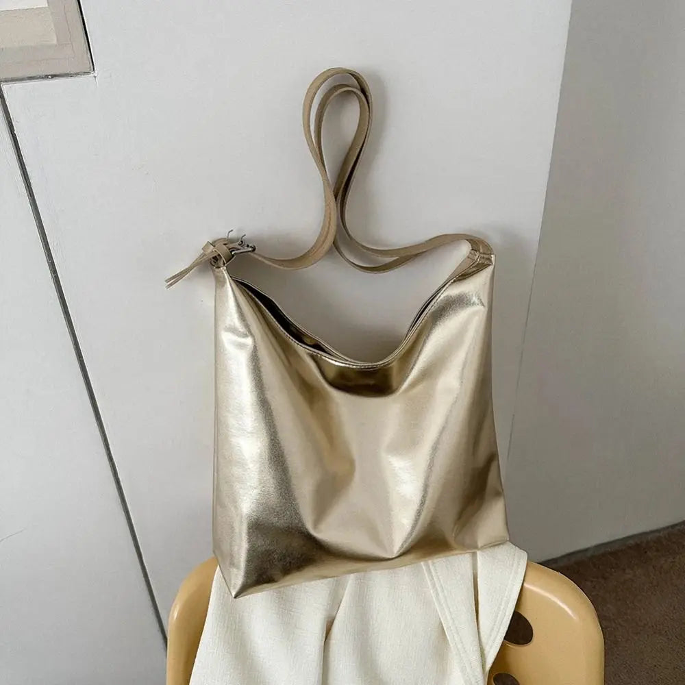Bolso de mano con asa superior de PU para mujer, bolso de compras de diseñador de lujo, bolso de mano informal de cuero dorado plateado de alta capacidad, moda