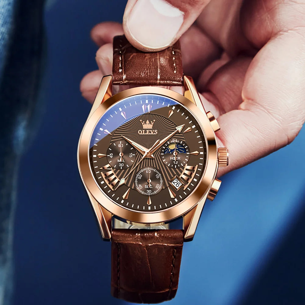 OLEVS-reloj de cuarzo resistente al agua para hombre, cronógrafo de pulsera con correa de cuero, marca de lujo Original, alta calidad, a la moda