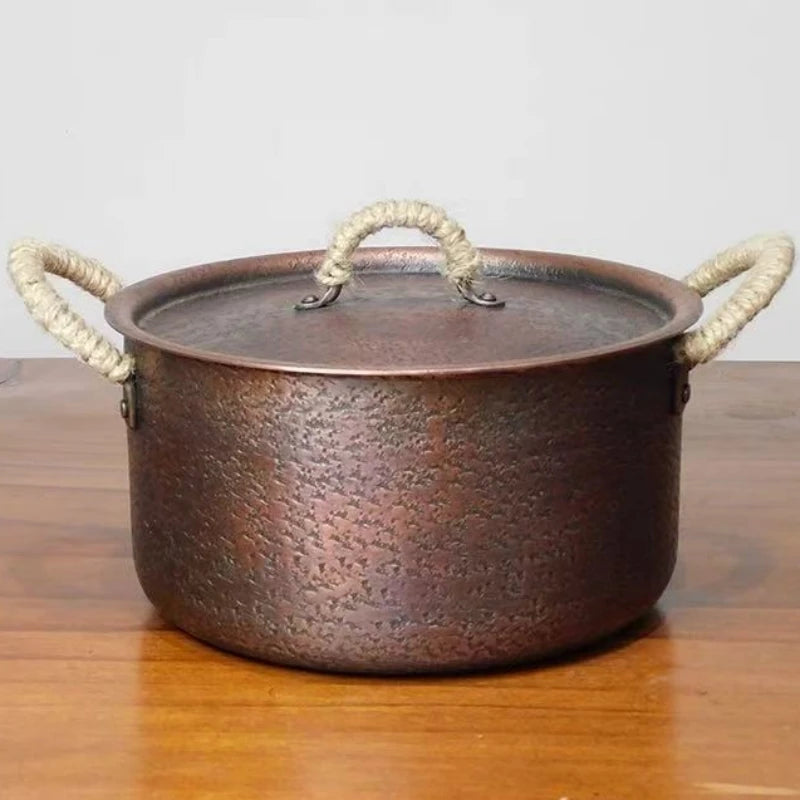 Olla de cobre vintage, utensilio de cocina de alimentos hecho a mano para hervir, asperar y estofar pasta, con tapa, ollas de mano de 18 cm
