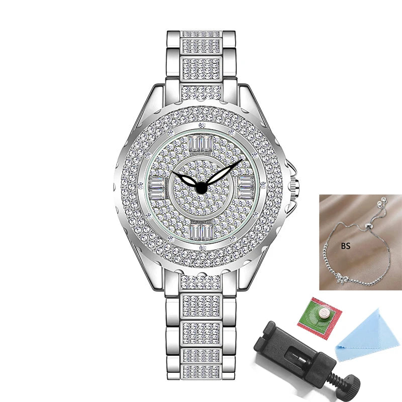 2025 relojes de diamantes de cristal para mujer, reloj elegante Original de oro para mujer con conjunto de pulsera, regalo de oro rosa para novia y esposa