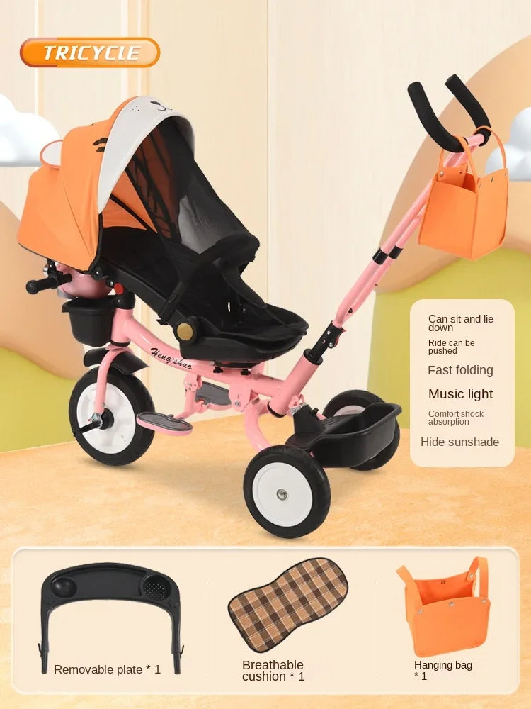 The tricycle can be folded, reclined, and sat in, and the bicycle can be pushed by hand