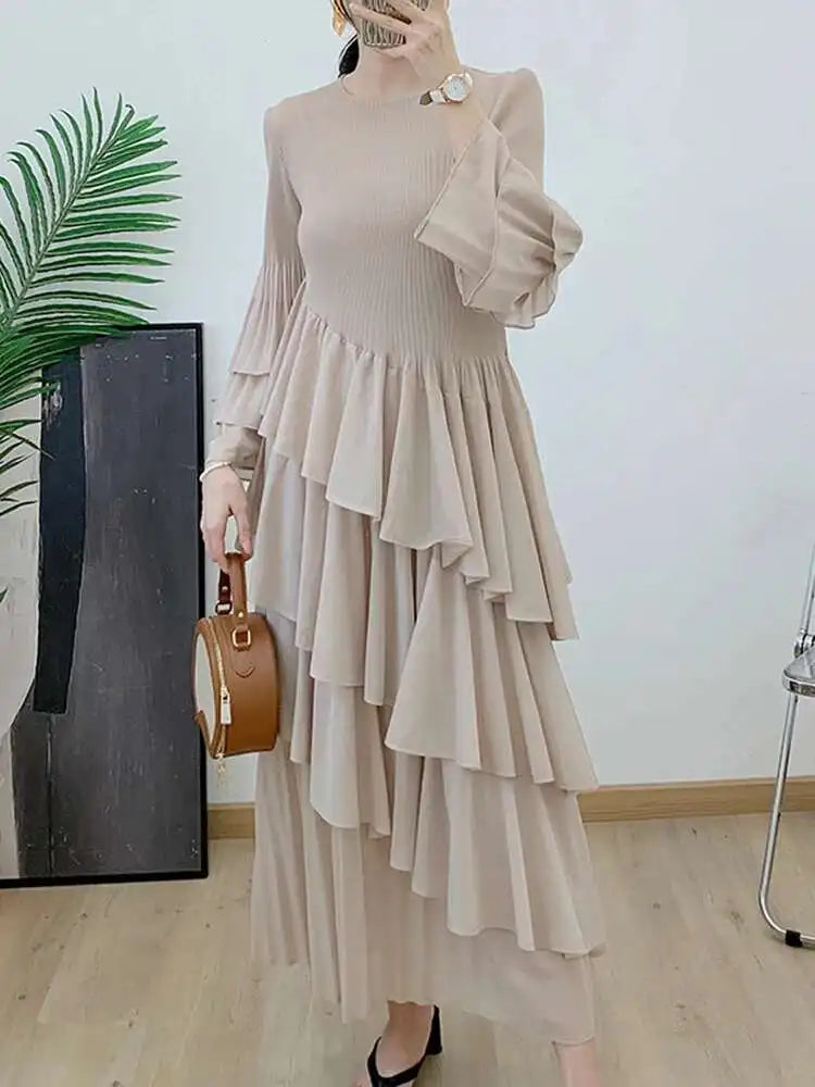 GVUW, vestido plisado para mujer, manga acampanada completa, línea A, volantes empalmados, cuello redondo, fiesta de noche, ropa elegante para mujer 17G4475