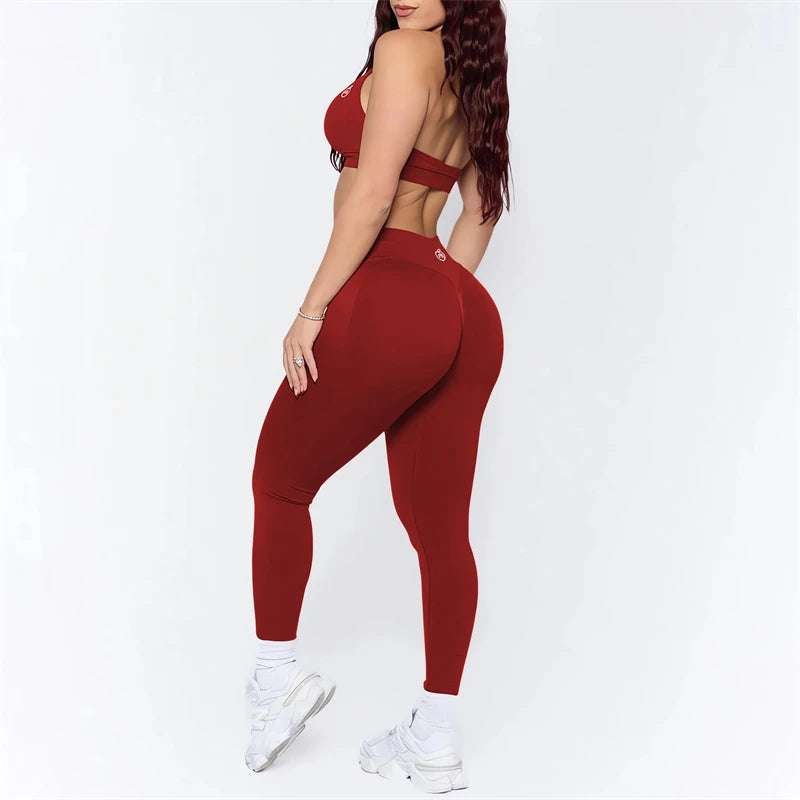 Women's Yoga Set - Ruched Butt Lifting Leggings and Impact Sports Bra, Seamless Outfits, Sexy Halter Gym Bra Set, 2025