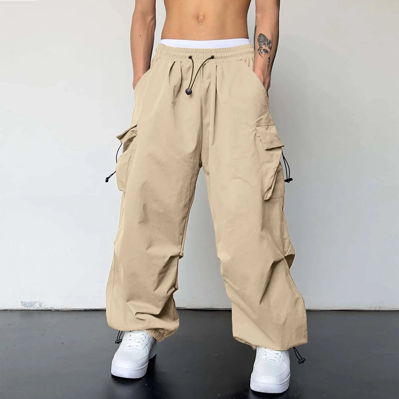 Pantalones Cargo deportivos informales para Hombre, ropa de calle con bolsillo tejido y cuerda para el pie, Pantalones sólidos, Pantalones holgados con múltiples bolsillos para Hombre