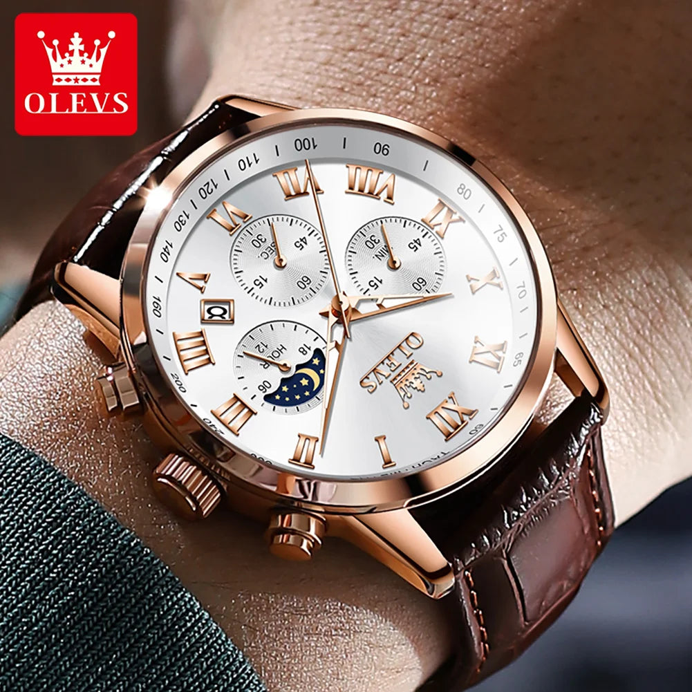OLEVS-reloj de cuarzo deportivo para hombre, cronógrafo de lujo, resistente al agua, con correa de cuero, fase lunar, Masculino