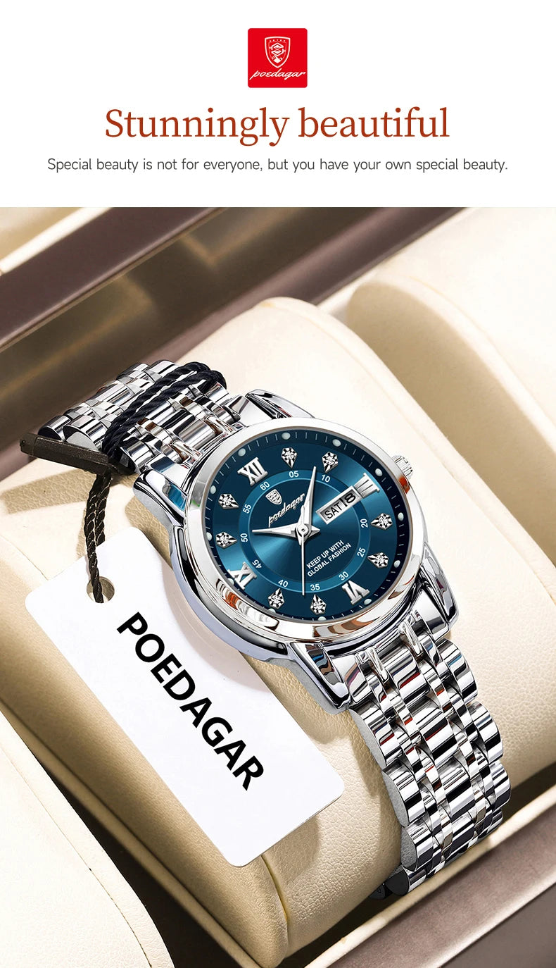 POEDAGAR, reloj de pulsera de lujo para mujer, resistente al agua, luminoso, fecha, semana, relojes para mujer, vestido elegante de acero inoxidable, reloj de cuarzo para mujer