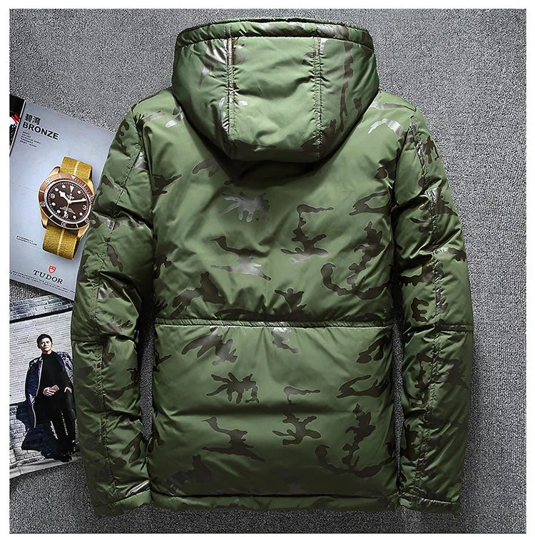 Parkas de invierno de alta calidad para hombre, cortavientos, Parkas de plumón de pato blanco, chaquetas cálidas gruesas con capucha de camuflaje para nieve, abrigo