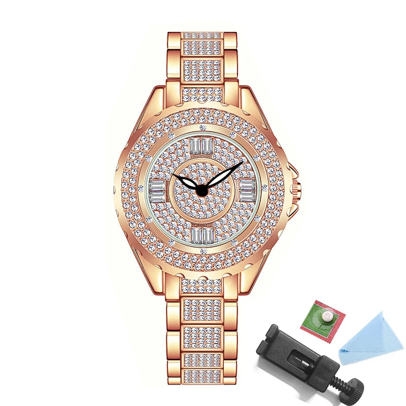 2025 relojes de diamantes de cristal para mujer, reloj elegante Original de oro para mujer con conjunto de pulsera, regalo de oro rosa para novia y esposa
