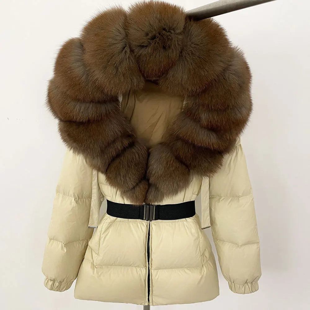 OFTBUY 2025 nueva ropa de invierno para mujer, abrigo de plumón de pato blanco, chaqueta con capucha de piel de zorro Natural, chaqueta acolchada cálida a la moda para mujer