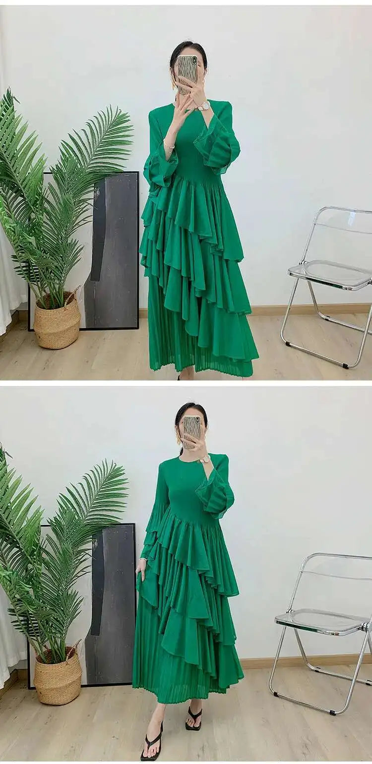 GVUW, vestido plisado para mujer, manga acampanada completa, línea A, volantes empalmados, cuello redondo, fiesta de noche, ropa elegante para mujer 17G4475