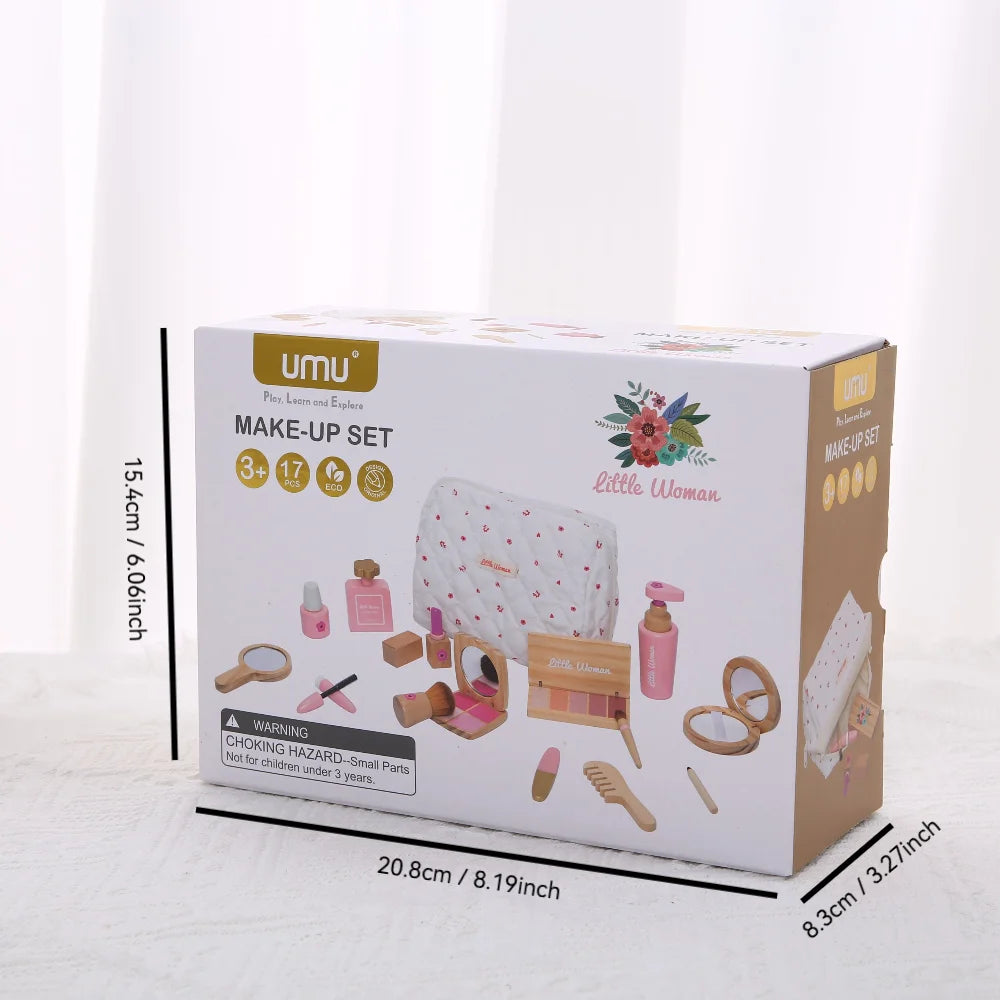 Juguete de Maquillaje de Imitación para Niñas, Set de Maquillaje de Madera para Jugar a Disfrazarse, Regalo con Bolsa de Maquillaje