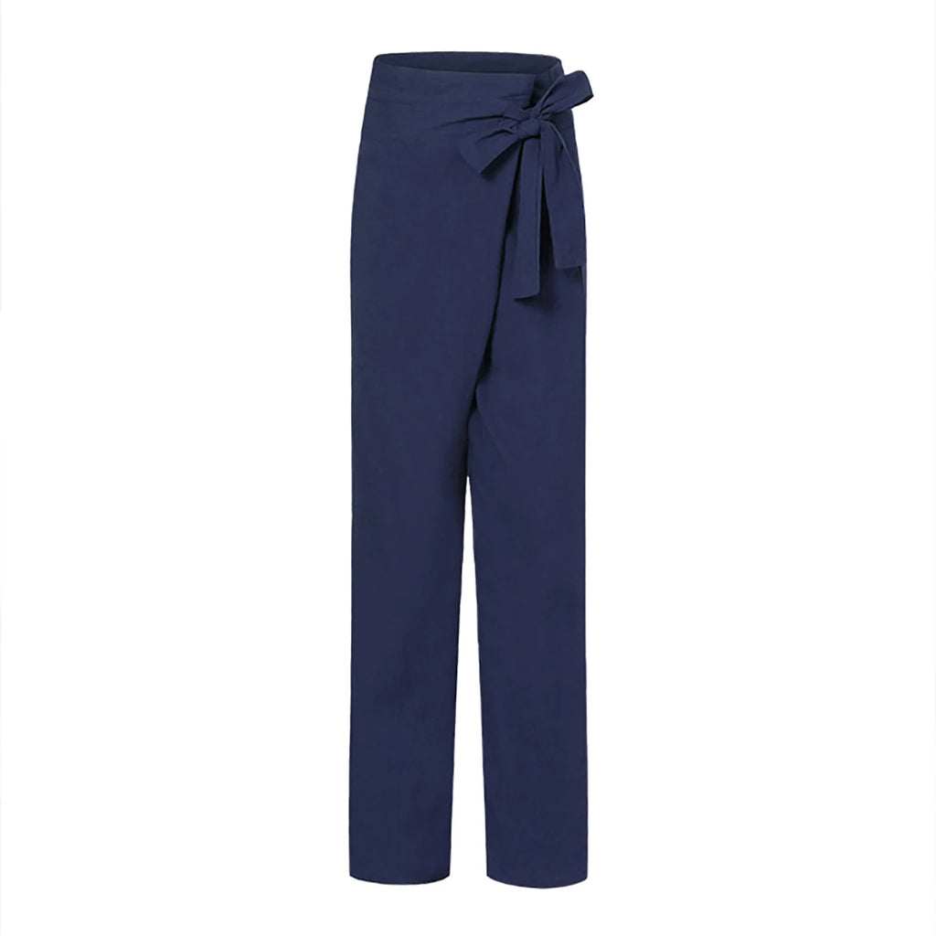 Pantalones informales con bolsillo para mujer, Color sólido, elásticos, con encuadernación, línea de algodón elegante, cintura alta, verano 2024