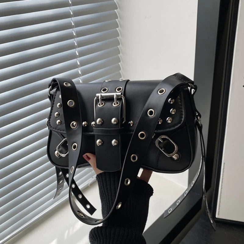 Bolso de hombro para mujer, estilo Punk, bolso de cuero PU, bolsos de moda Rock con remache, pequeño bolso de moda para axila
