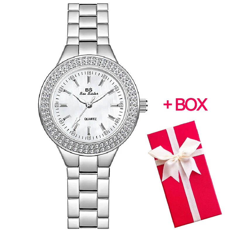 Relojes de pulsera de acero inoxidable para mujer, reloj dorado con diamantes de cristal, plateado