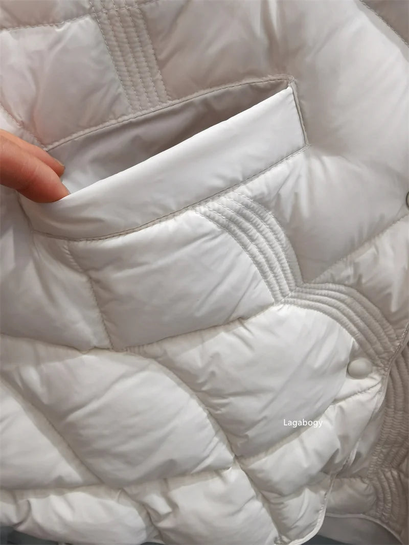 Lagabogy-abrigo holgado de plumón de pato blanco para mujer, Tops Vintage de un solo pecho, chaqueta acolchada cálida con capucha y bolsillo para mujer, exterior, 2025