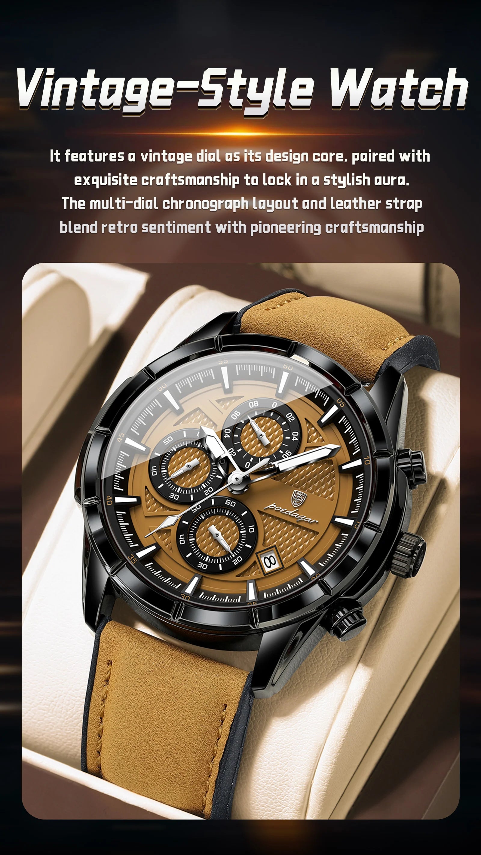 Reloj de pulsera POEDAGAR de lujo para hombre, relojes de cuarzo de cuero originales para hombre, cronógrafo con fecha, reloj luminoso resistente al agua para hombre + caja