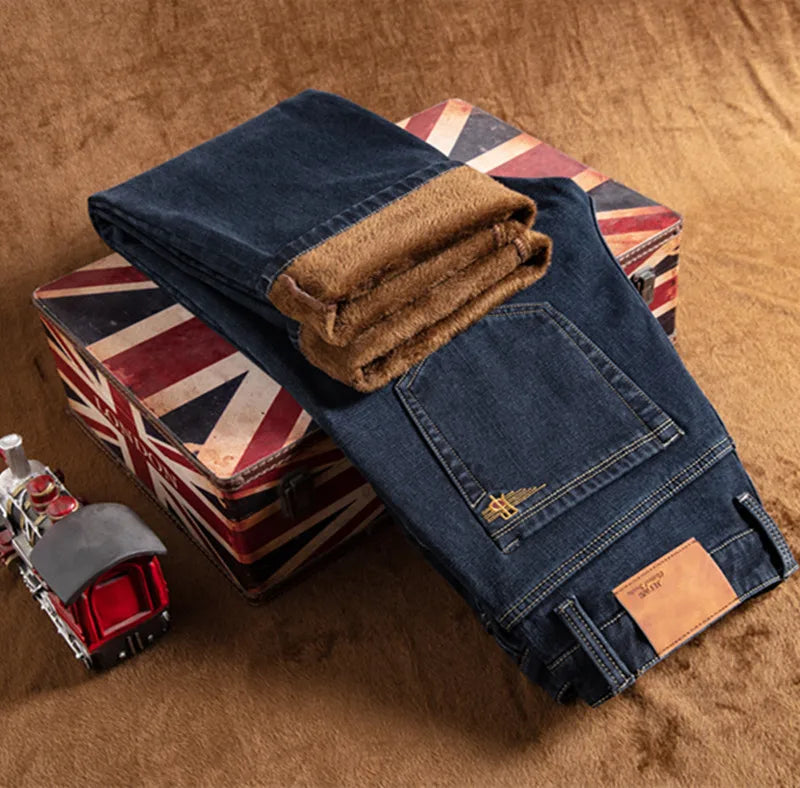 Men's Warm Jeans, Thick Warm Wool Lined Winter Denim Pants, Plus Size 44 46 48 Loose Straight Casual Jeans, Classic Trousers