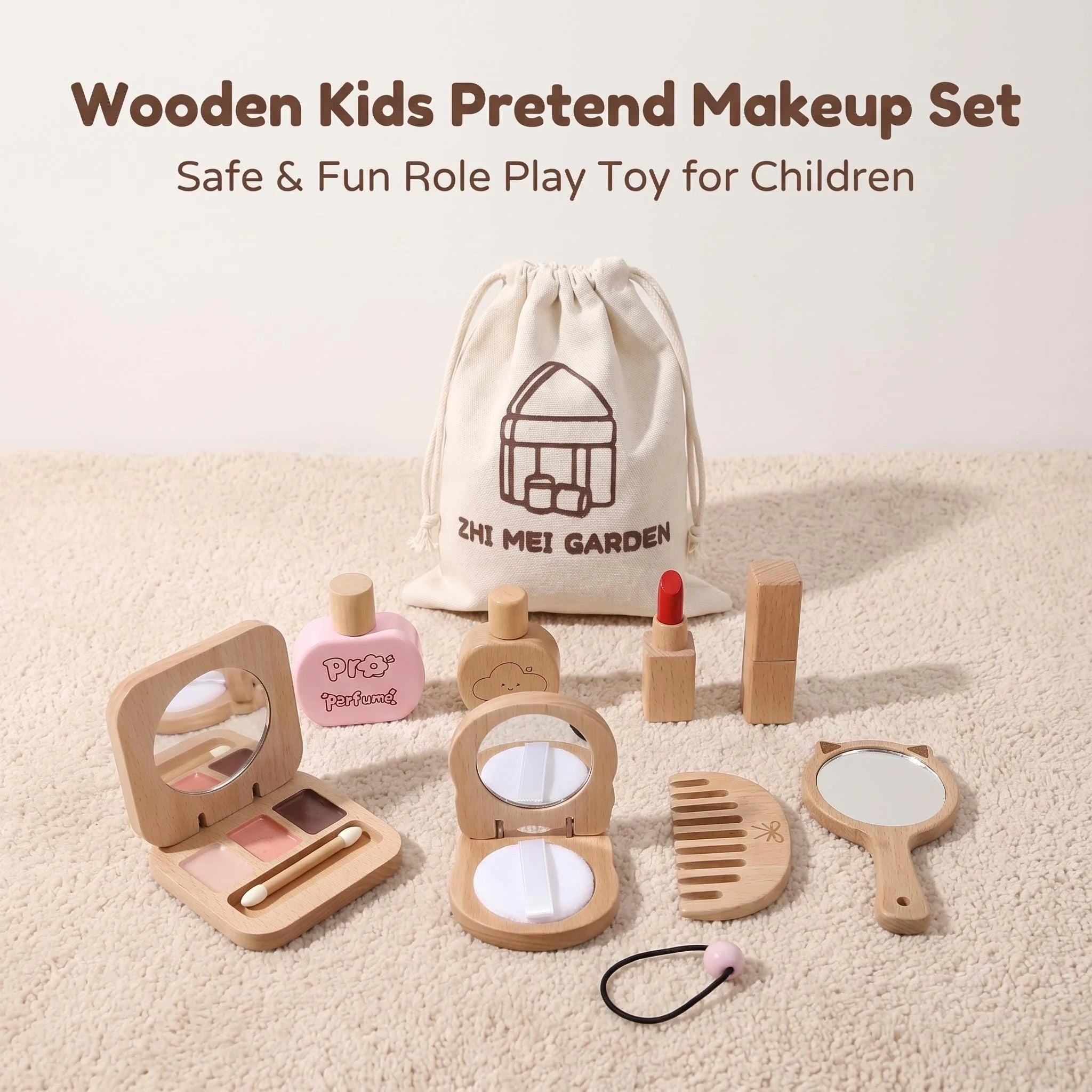 Juguete de Maquillaje de Imitación para Niñas, Set de Maquillaje de Madera para Jugar a Disfrazarse, Regalo con Bolsa de Maquillaje