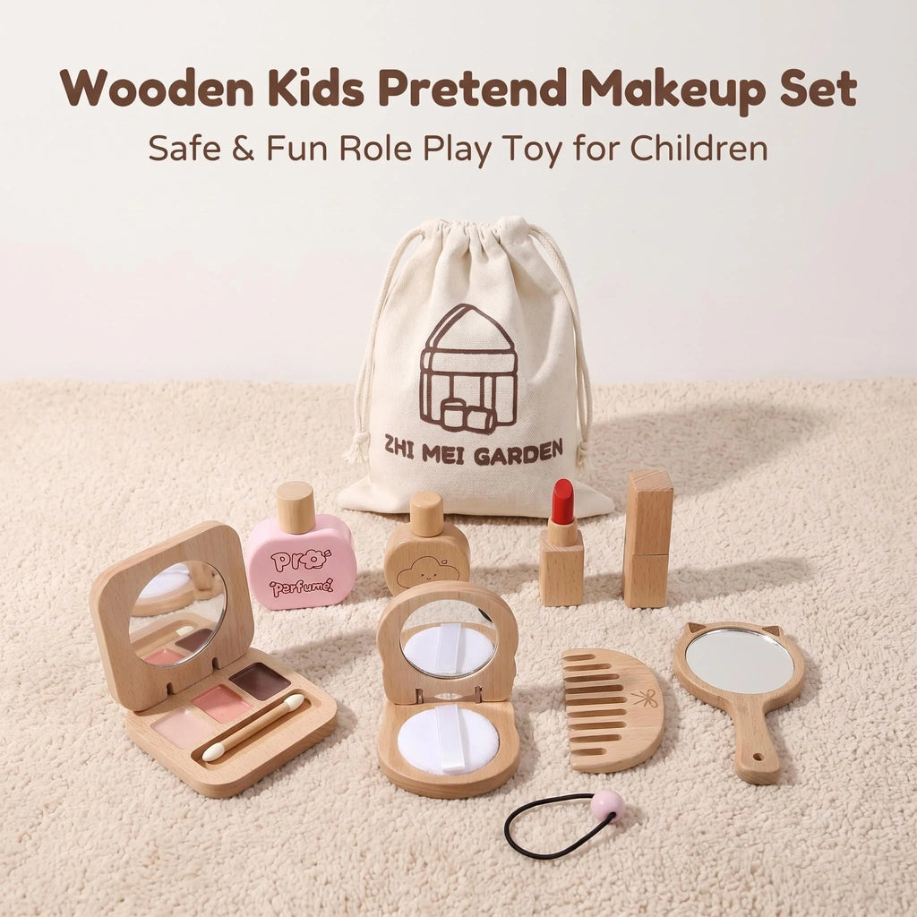 Juguete de Maquillaje de Imitación para Niñas, Set de Maquillaje de Madera para Jugar a Disfrazarse, Regalo con Bolsa de Maquillaje