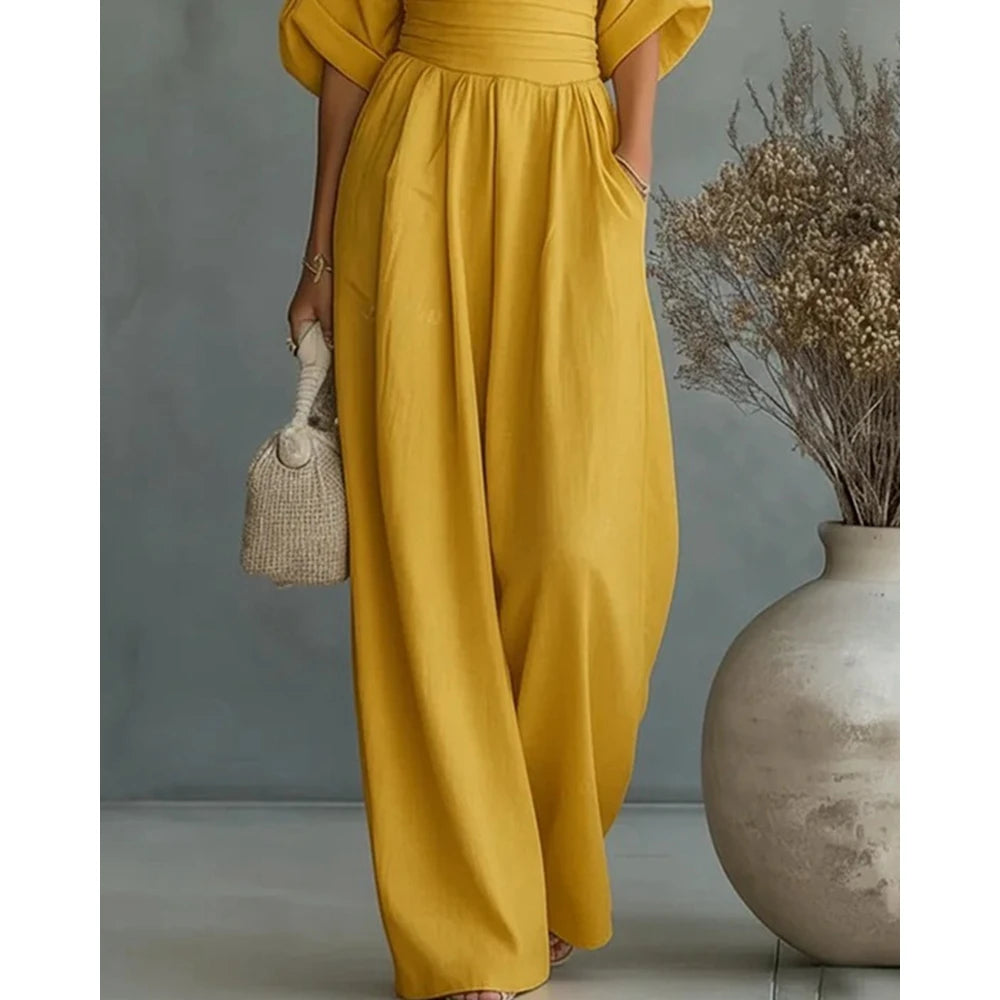 Mono Irregular fruncido sin mangas con cuello redondo liso para mujer con bolsillos, peleles amarillos de pierna recta para verano, trajes de calle