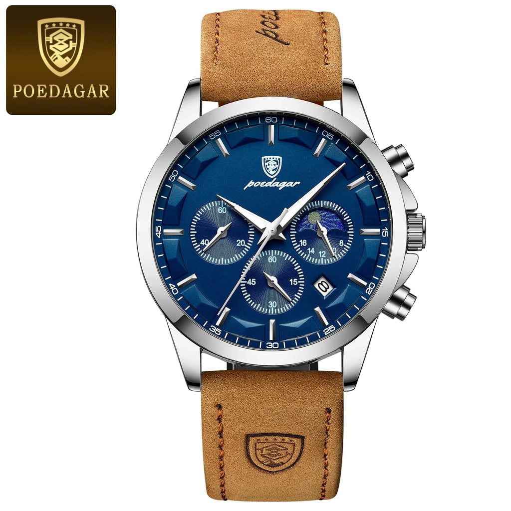 POEDAGAR, reloj deportivo de cuarzo de lujo para hombre, cronógrafo resistente al agua, reloj de pulsera luminoso con fecha para hombre, relojes de cuero de negocios para hombre