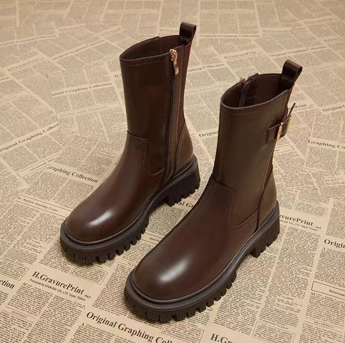 Botas medio altas para mujer, zapatos Chelsea con punta redonda a media pantorrilla para mujer, calzado marrón de tacón medio, oferta gótica de entretiempo para primavera y otoño