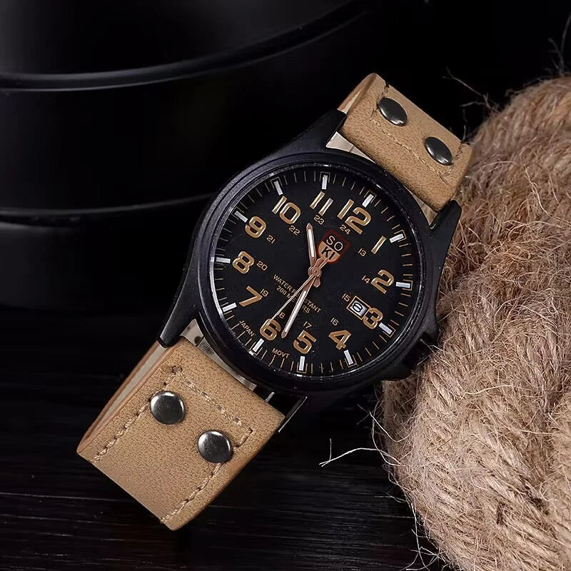 Reloj de cuarzo con esfera árabe para hombre, correa de cuero informal, calendario, relojes deportivos