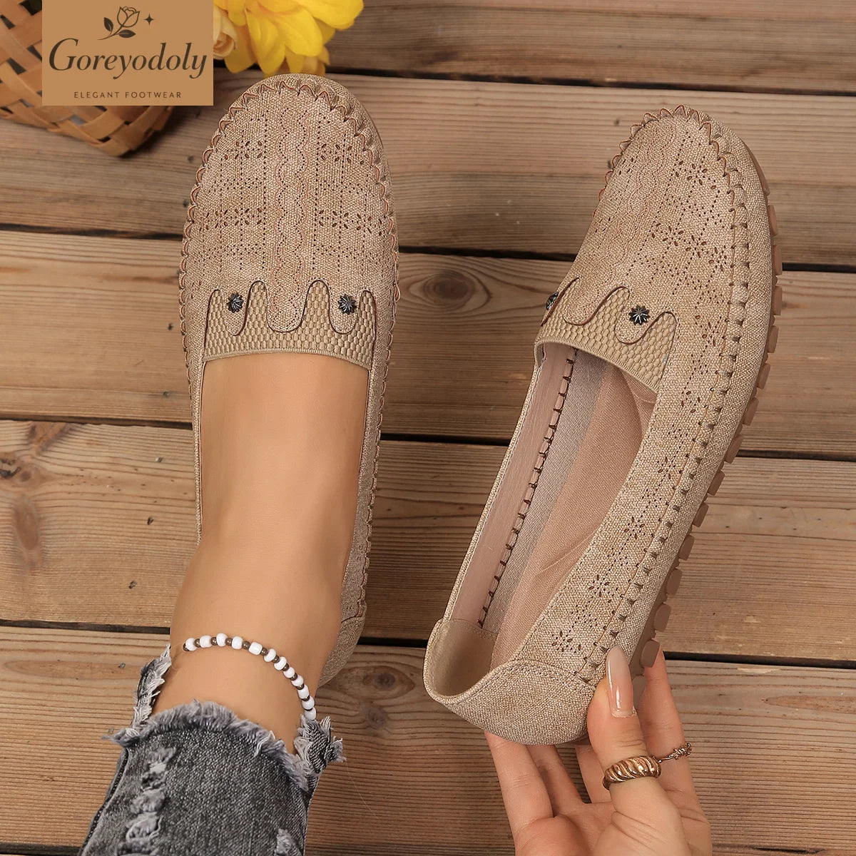 Goreyodoly, mocasines para mujer, diseño floral hueco, zapatos planos sin cordones, transpirables, ligeros, informales, para caminar, suaves y antideslizantes