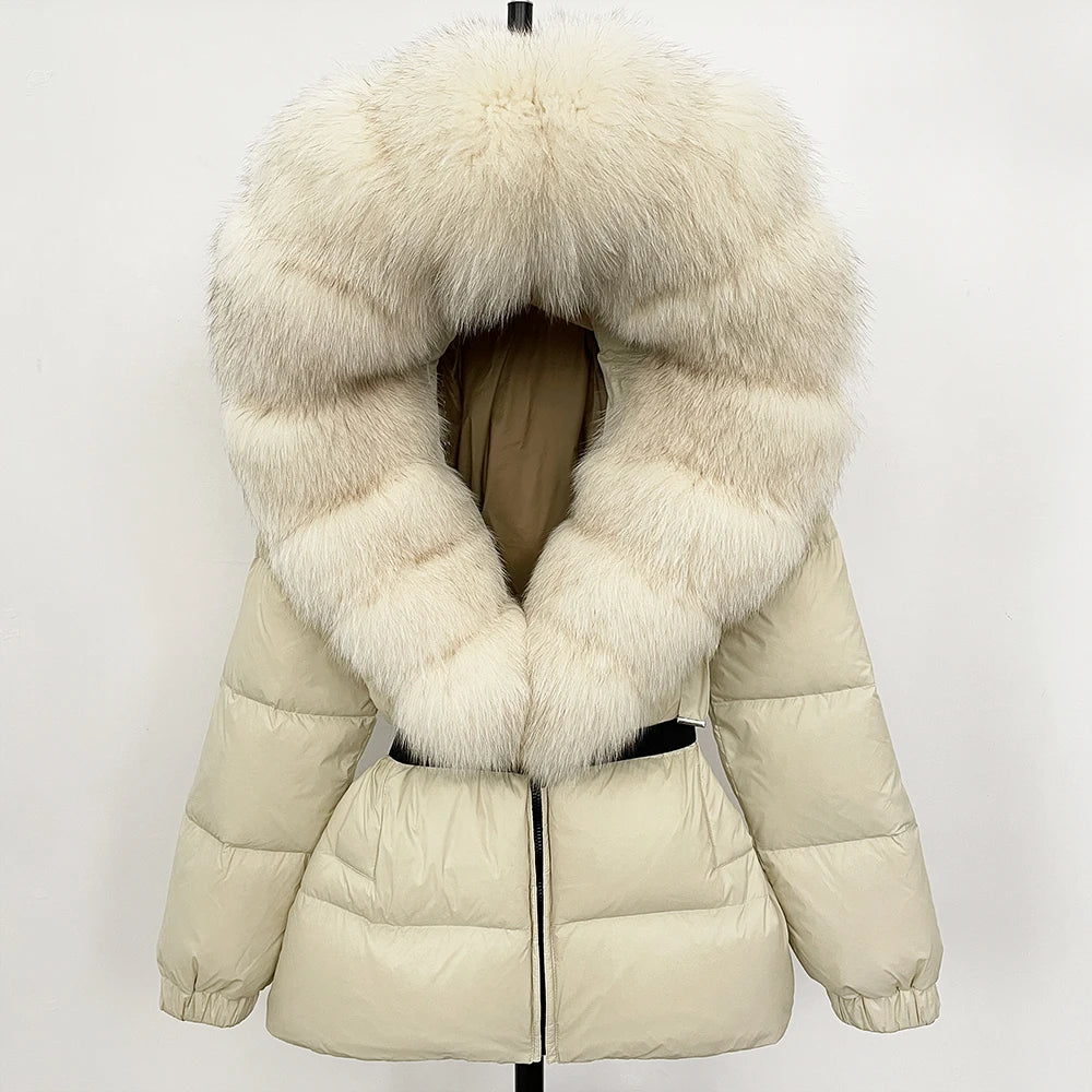 OFTBUY 2025 nueva ropa de invierno para mujer, abrigo de plumón de pato blanco, chaqueta con capucha de piel de zorro Natural, chaqueta acolchada cálida a la moda para mujer