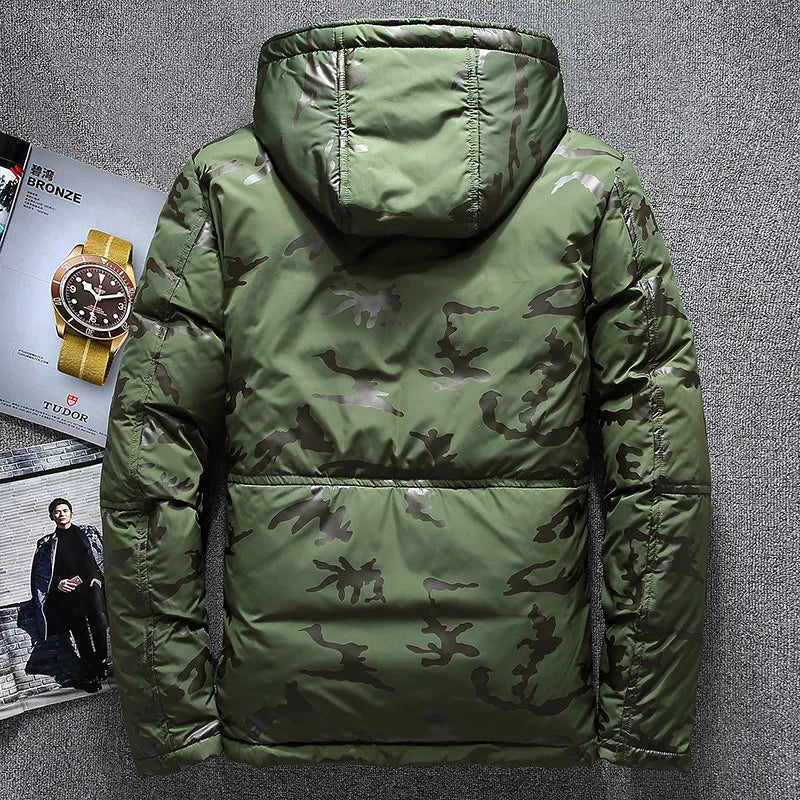 Parkas de invierno de alta calidad para hombre, cortavientos, Parkas de plumón de pato blanco, chaquetas cálidas gruesas con capucha de camuflaje para nieve, abrigo