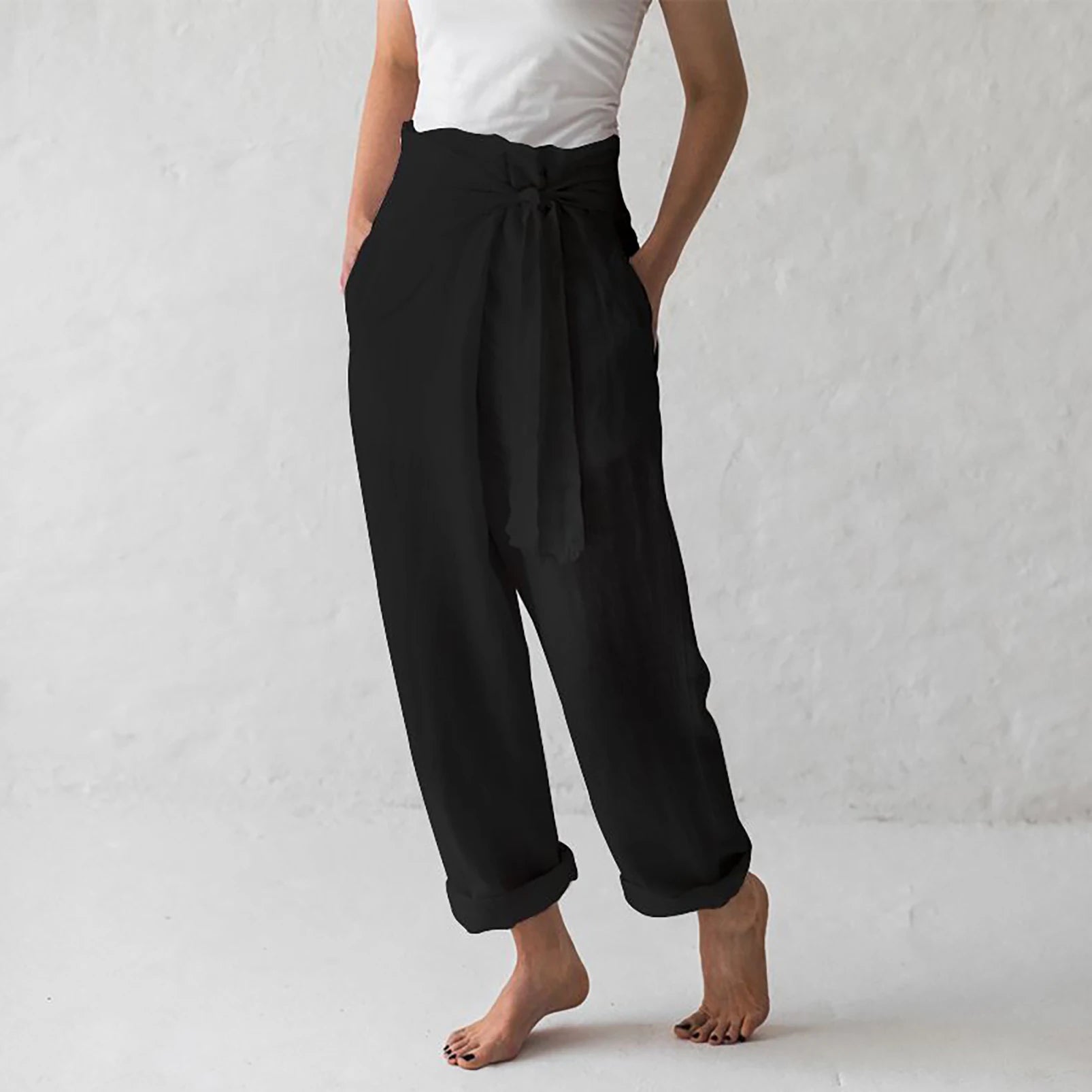 Women's Casual Pocket Pants, Solid Color, Stretchy, Cuffed, Stylish Cotton Line, High Waist, Summer 2024